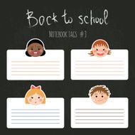 Vector set of school tags for notebooks with chlidren&#039;s smiles