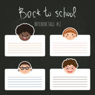 Vector set of school tags for notebooks with chlidren&#039;s smiles N2