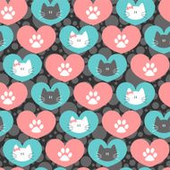 Romantic seamless pattern with hearts and kittens