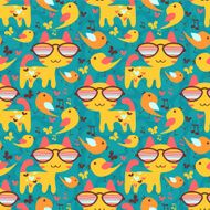 Cute colorful seamless background with cats and birds