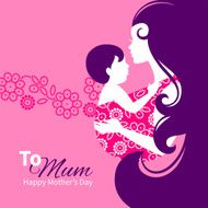 Beautiful mother silhouette with baby in a sling Floral illustr