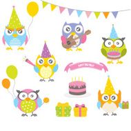 Set of vector birthday party elements with cute owls