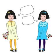 Beautiful twins girls with flowers and speech bubble