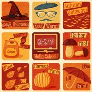 Collection of cute retro stylized autumn illustrations with fall signs