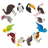 Cute Cartoon birds set gannet penguin ostrich toucan parrot eagle