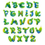 Ecology english alphabet letters with leaves and water drops set