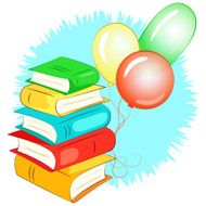 stack of books and balloons