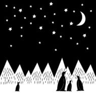 Arctic night vector illustration with penguins family geometric snowy mountains