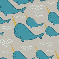 Happy Narwhal Family seamless vector pattern