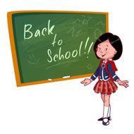Cute schoolgirl in uniform stands near the school board N2