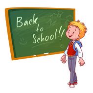 Cute schoolboy in uniform stands near the school board
