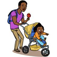 Funny cartoon father with baby stroller Vector illustration