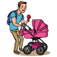 Funny cartoon father with baby stroller Vector illustration N8