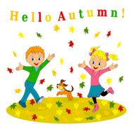 boy girl and dog jumping autumn