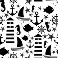Black and white seamless sea pattern sailboat lighthouse fish anchor