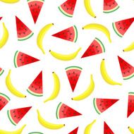 Seamless pattern with yellow bananas and juicy watermelon slices