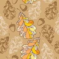 Seamless pattern with ornate oak leaves and acorns