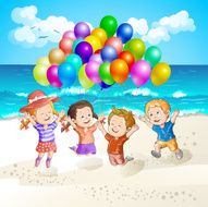 Kids with balloons at the beach