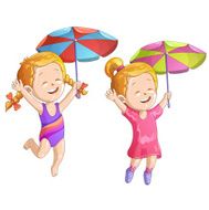Cute cartoon girls with umbrella and swimsuit
