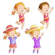 Cute cartoon girls with hat and swimsuit