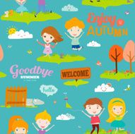 Autumn pattern with happy smiling kids N2