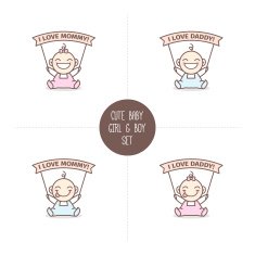 Vector babies with I love Mommy and Daddy ribbons Baby
