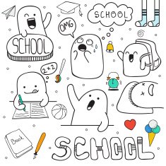 Set doodle characters and school facilities Anime character