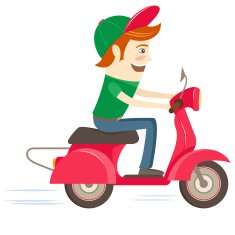 Funny hipster character riding red scooter