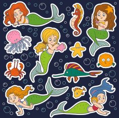 Color vector set of little girls mermaids and fish