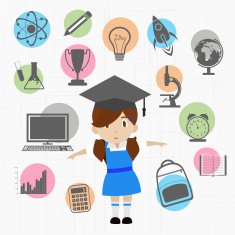 Colorful educational elements with educated girl