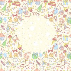 Happy birthday party greeting card frame with hand drawn pattern