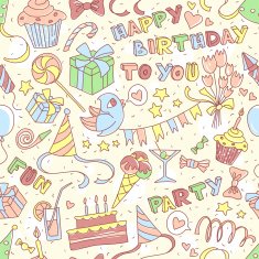 Happy birthday party greeting seamless pattern with hand drawn l
