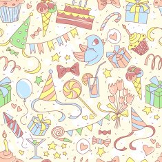 Happy birthday party seamless colored pattern with hand drawn pa