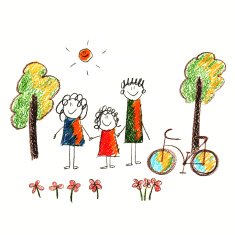 Colorful picture of bicycle and happy family N4