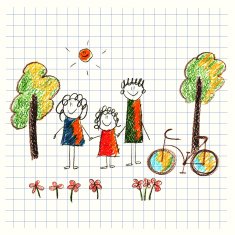 Colorful picture of bicycle and happy family N5
