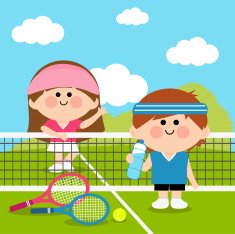 Kids tennis players at court taking a break