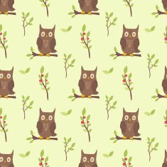 seamless pattern with owls branches and leafs