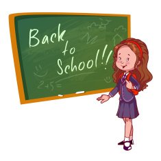 Cute schoolgirl in uniform stands near the school board