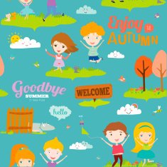 Autumn pattern with happy smiling kids N2