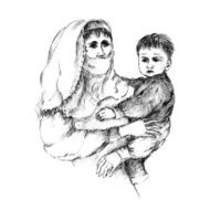 Sketch of Muslim woman holding a small child