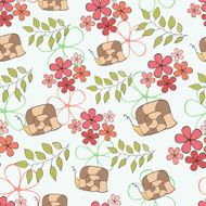 Seamless pattern cute cartoon snail and flowers