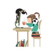 Little girl sitting at computer and drinking coffee