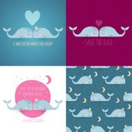 set of 4 romantic greeting cards with whales