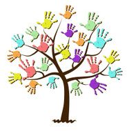 Children&#039;s hand prints united in tree
