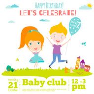 Vector birthday invitation card on baby party with smiling kids N3