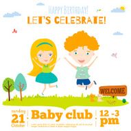 Vector birthday invitation card on baby party with smiling kids N5