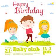 Vector birthday invitation card on baby party with smiling kids N6