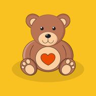 Cute brown teddy bear with red heart on yellow background