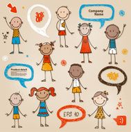 Hand-drawn children and speech bubbles set N2