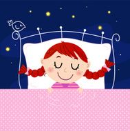 Cute little dreaming girl in bed with stars on sky